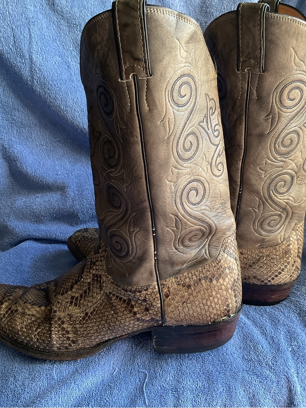 Justin Vintage Tan/Brown Genuine Python Snakeskin-Leather Cowboy Boots 13B Men's - Picture 7 of 10